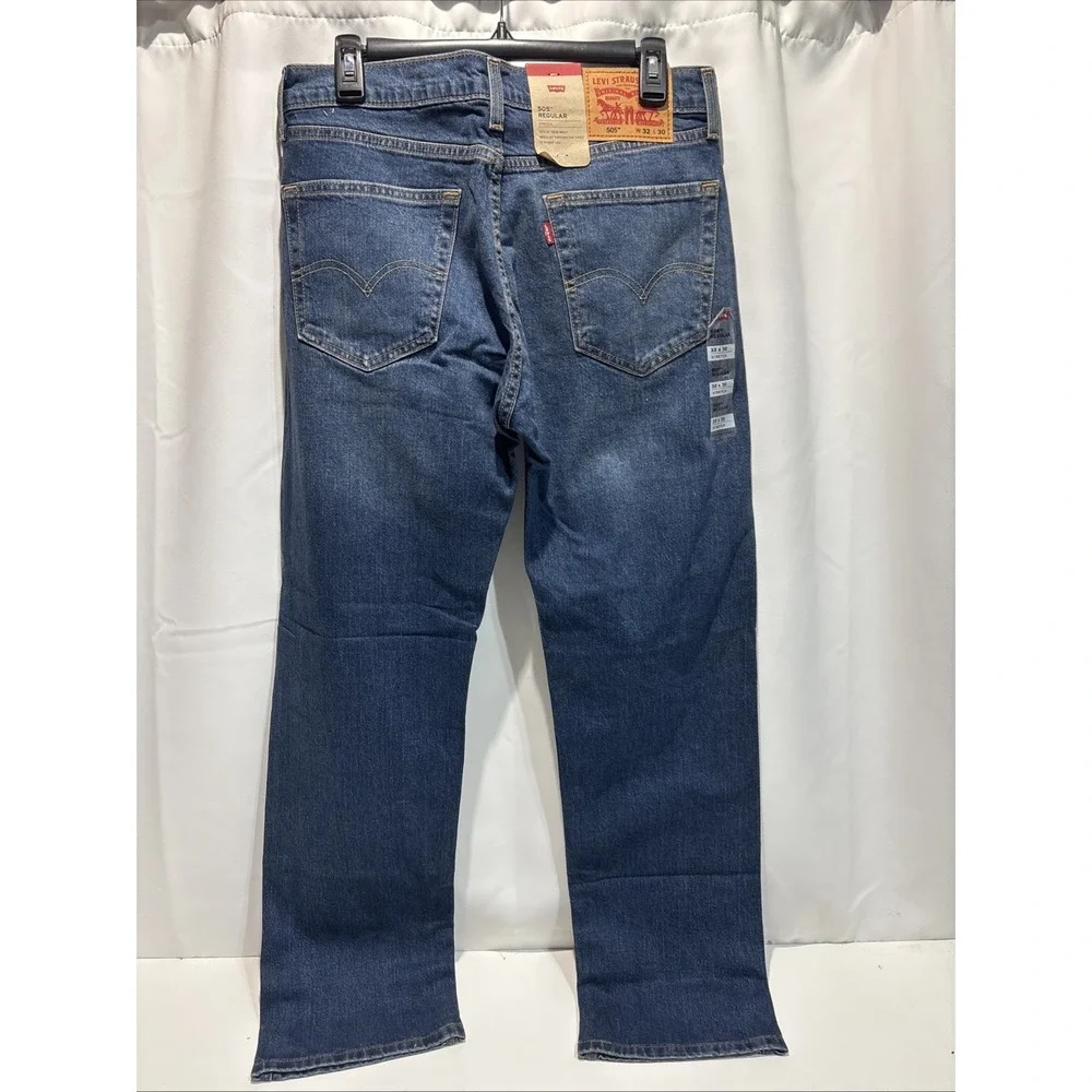 NWT Levis 505 Regular Fit Straight Leg Jeans Dark Wash Blue Stretch Mens 32X30